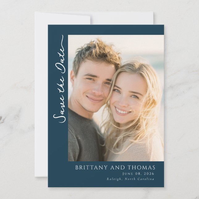 Elegante Navy Minimalistische Foto Save The Date (Vorderseite)