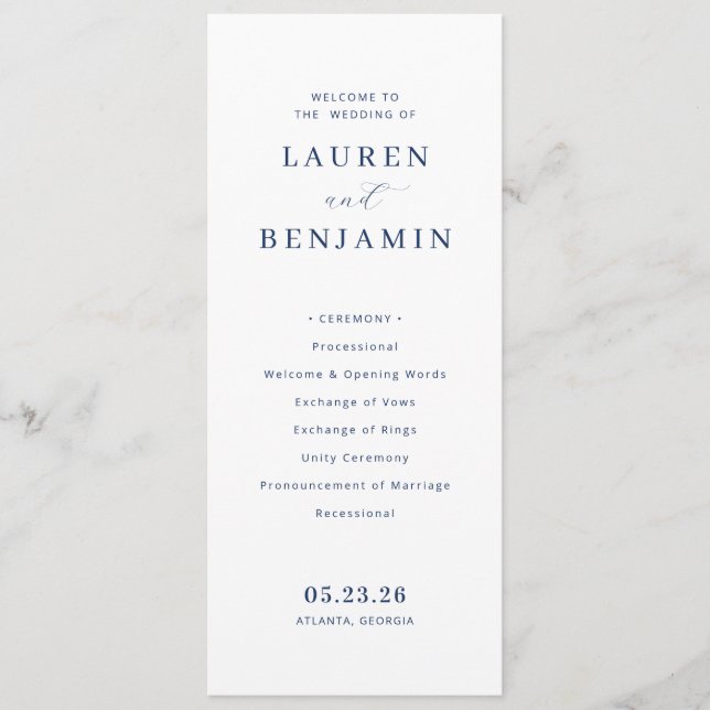 Elegante Navy-Minimalistische Hochzeitszeremonie Programm (Vorderseite)