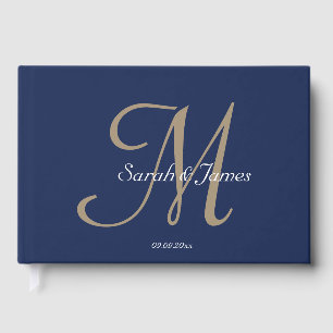Elegante Navy Name Monogram Script Wedding Party Gästebuch