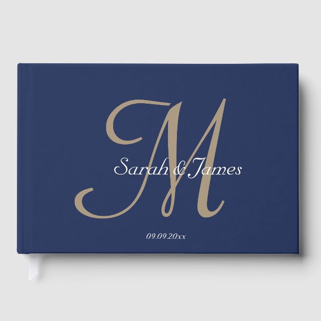 Elegante Navy Name Monogram Script Wedding Party Gästebuch (Vorderseite)