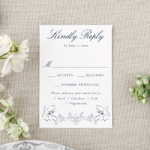 Elegante Navy-Ornamente Hochzeit mit Blumen RSVP Karte