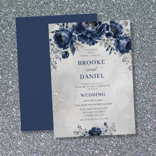 Elegante Navy Pfingstrose Anemone Silber Hochzeit Einladung