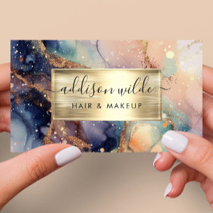 Elegante Navy-Pfirsich- und Gold-Wasserfarben-Marm Visitenkarte