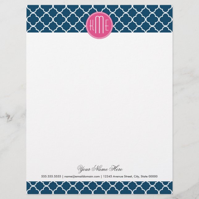 Elegante Navy-Quatrefolie mit rosa Monogramm Briefbogen (Vorderseite)