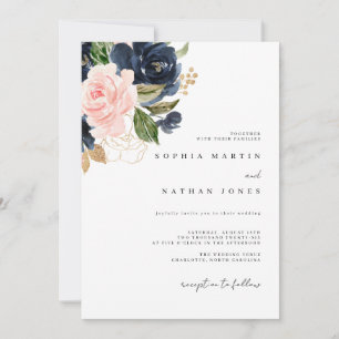 Elegante Navy-Rosa-Aquarell-Blumen Hochzeit Einladung
