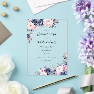 Elegante Navy-Rosa Florale Formal Quinceanera Acryleinladungen