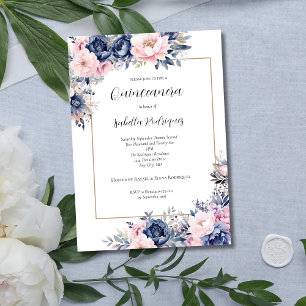 Elegante Navy-Rosa Florale Formal Quinceanera Einladung