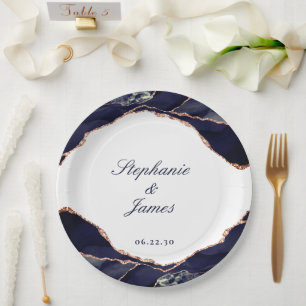 Elegante Navy-Rosa-Goldfolie-Achat-Hochzeit Pappteller