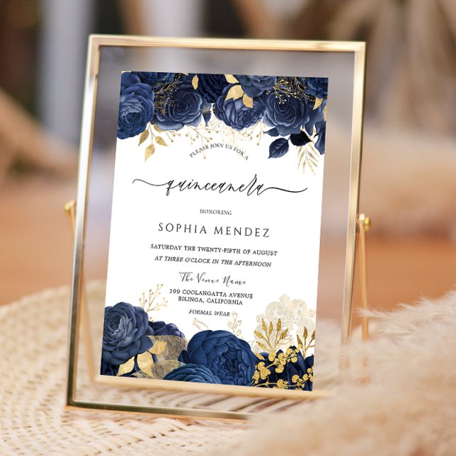 Elegante Navy Rose Gold Blatt Quinceanera Party In Einladung (Von Creator hochgeladen)