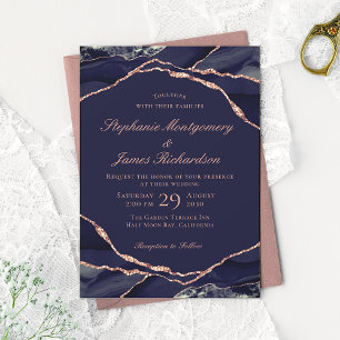 Elegante Navy Rose Gold Foil Agate Wedding Einladung