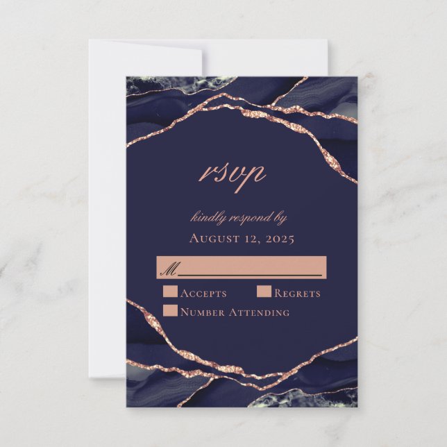 Elegante Navy Rose Gold Foil Agate Wedding RSVP Karte (Vorderseite)