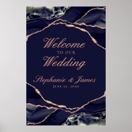Elegante Navy Rose Gold Foil Agate Wedding Willkom Poster