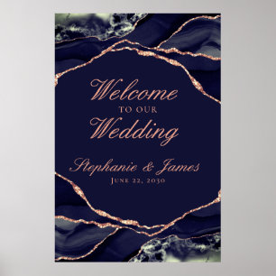 Elegante Navy Rose Gold Foil Agate Wedding Willkom Poster