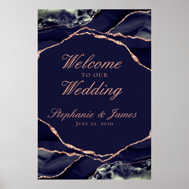 Elegante Navy Rose Gold Foil Agate Wedding Willkom Poster (Vorne)