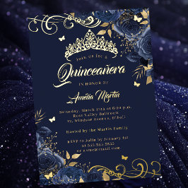 Elegante Navy Rose Gold Swirl Quinceanera Folieneinladung