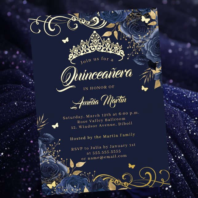 Elegante Navy Rose Gold Swirl Quinceanera Folieneinladung (Von Creator hochgeladen)