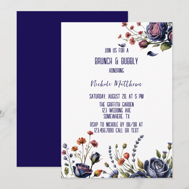 Elegante Navy Rose und Coral Brunch & Bubbly Einladung (Vorne/Hinten)