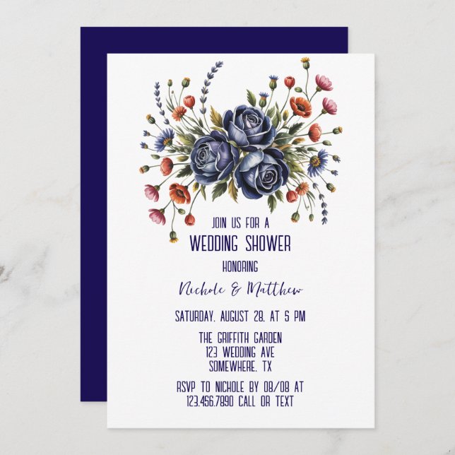 Elegante Navy Rose und Terracotta Florals Wedding Einladung (Vorne/Hinten)