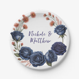 Elegante Navy Rose und Terracotta Florals Wedding Pappteller