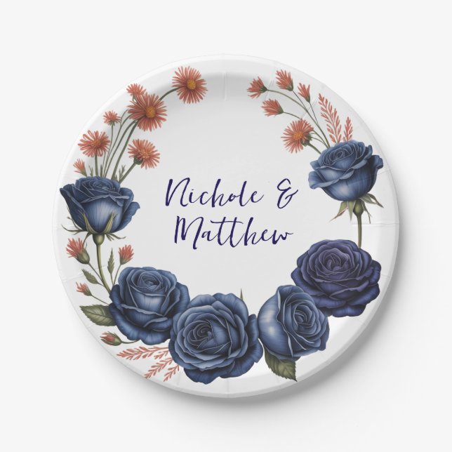 Elegante Navy Rose und Terracotta Florals Wedding Pappteller (Vorderseite)