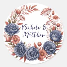 Elegante Navy Rose und Terracotta Florals Wedding Runder Aufkleber