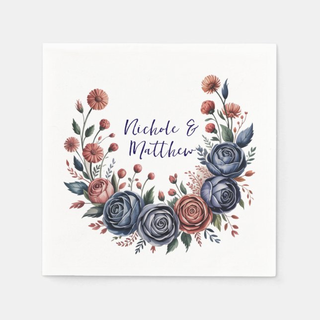 Elegante Navy Rose und Terracotta Florals Wedding Serviette (Vorderseite)