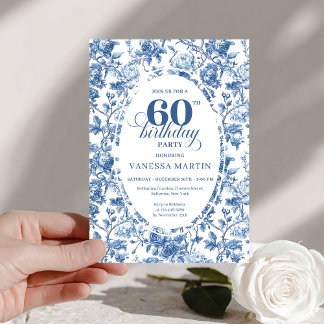 Elegante Navy-Rosen French Toile 60. Geburtstag Einladung