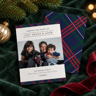 Elegante Navy-Rot-Grün-Tartan-Karo-Familienfoto Feiertagskarte
