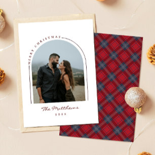 Elegante Navy-Rot-Tartan-Karobogen-Familienfoto Feiertagskarte