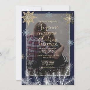 Elegante Navy Rustikale Winterschneeflocken Hochze Einladung