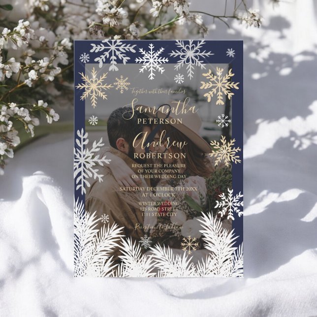 Elegante Navy Rustikale Winterschneeflocken Hochze Einladung (Elegant Navy Rustic Winter Snowflakes Wedding Invitation)
