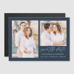 Elegante Navy-Script 2 Foto Save-the-Date Magneteinladung