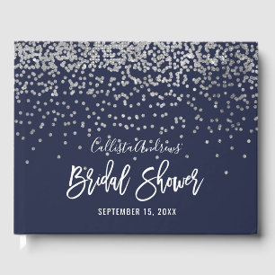 Elegante Navy Silber Glitter Konfetti Brautparty Gästebuch