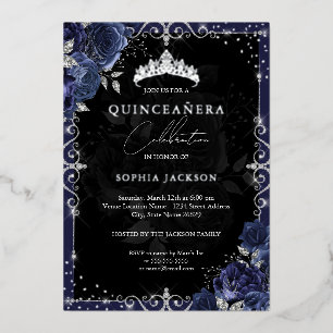 Elegante Navy Silber Rose Quinceanera Folieneinladung