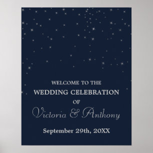 Elegante Navy/Silver Falling Stars Hochzeitsempfan Poster