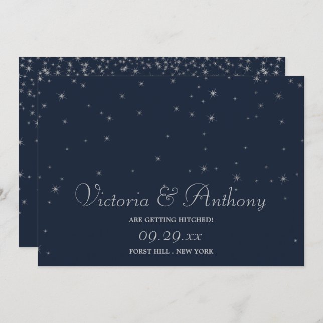 Elegante Navy & Silver Falling Stars Save the Date (Vorne/Hinten)