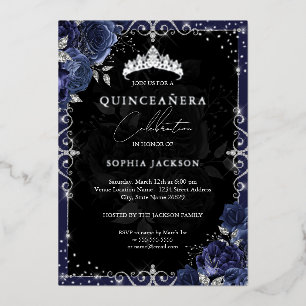 Elegante Navy Silver Rose Quinceanera Folieneinladung