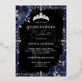 Elegante Navy Silver Rose Quinceanera Folieneinladung