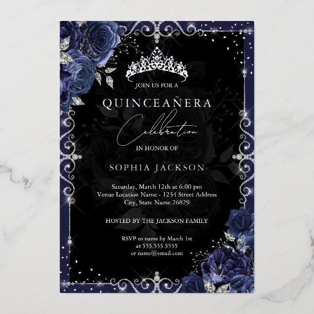 Elegante Navy Silver Rose Quinceanera Folieneinladung (Vorderseite)