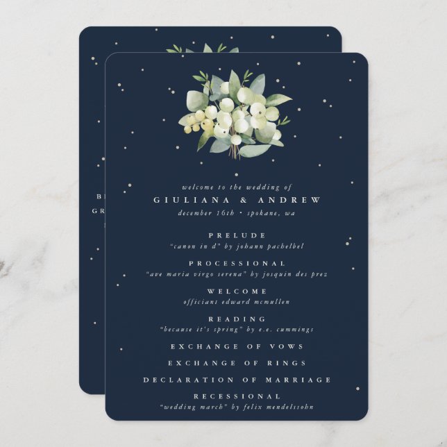 Elegante Navy Snowberry+Eucalyptus Bouquet Wedding Programm (Vorne/Hinten)