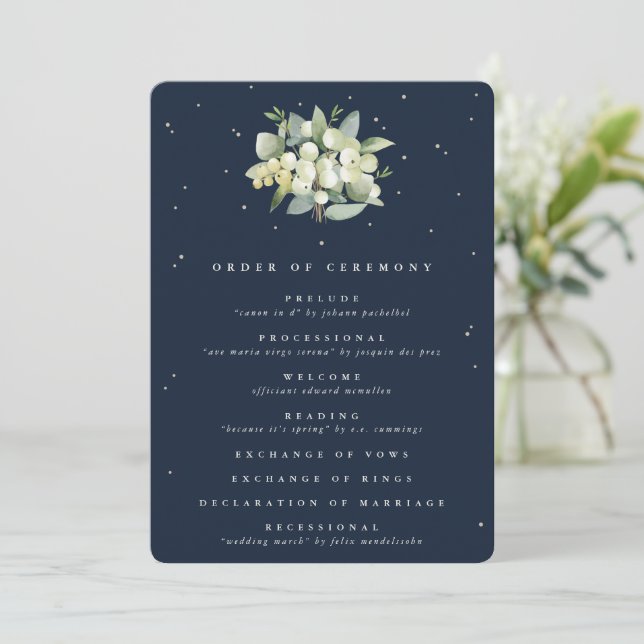 Elegante Navy Snowberry+Eucalyptus Bouquet Wedding Programm (Stehend Vorderseite)