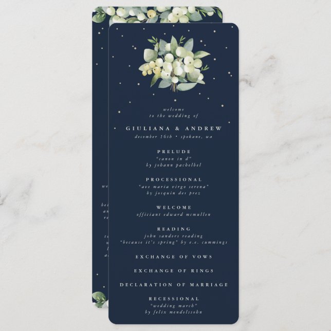 Elegante Navy Snowberry+Eucalyptus Bouquet Wedding Programm (Vorne/Hinten)