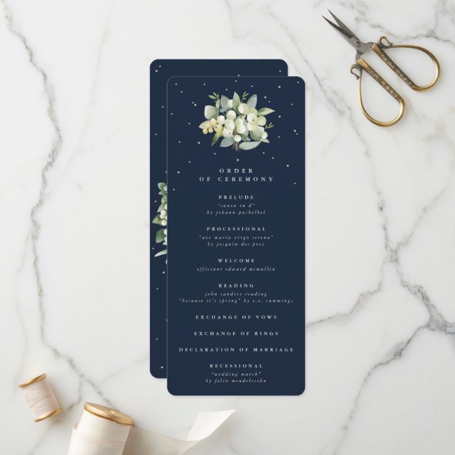 Elegante Navy Snowberry+Eucalyptus Bouquet Wedding Programm (Vorderseite/Rückseite Beispiel)