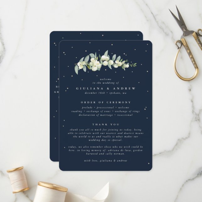 Elegante Navy Snowberry+Eucalyptus Stem Wedding Programm (Vorderseite/Rückseite Beispiel)