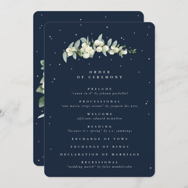 Elegante Navy Snowberry+Eucalyptus Stem Wedding Programm (Vorne/Hinten)