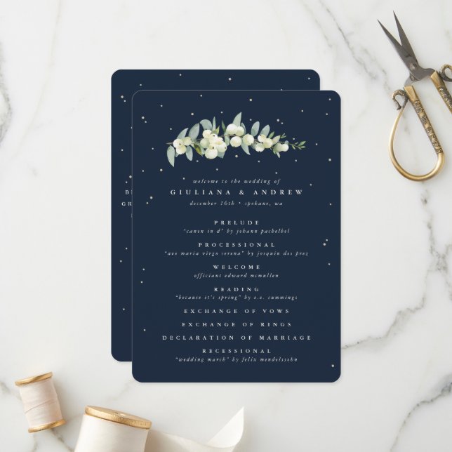 Elegante Navy Snowberry+Eucalyptus Stem Wedding Programm (Vorderseite/Rückseite Beispiel)