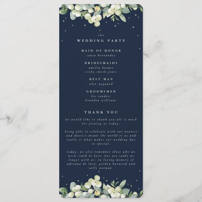 Elegante Navy Snowberry+Eucalyptus Stem Wedding Programm (Rückseite)