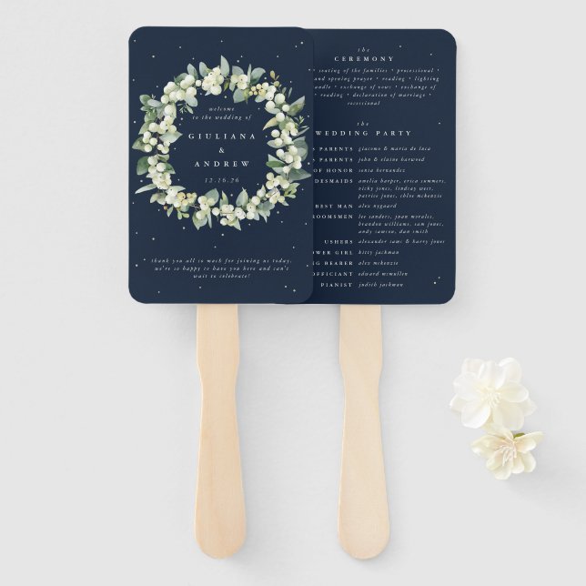 Elegante Navy Snowberry+Eucalyptus Winter Wedding Fächer (Vorne und Hinten)