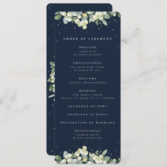 Elegante Navy Snowberry+Eucalyptus Winter Wedding Programm (Vorne/Hinten)