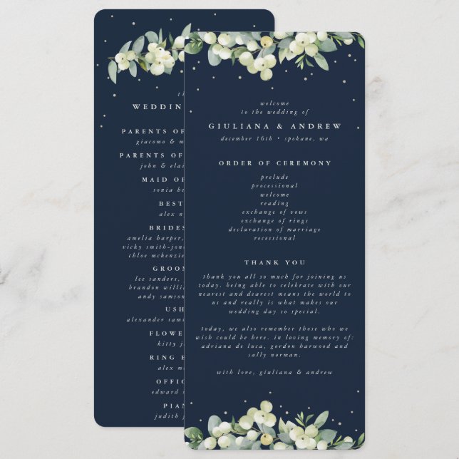 Elegante Navy Snowberry+Eucalyptus Winter Wedding Programm (Vorne/Hinten)